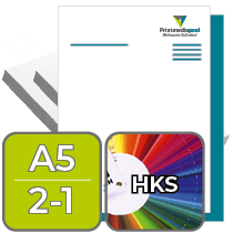 Briefpapier DIN A5, 2/1 farbig (Vorderseite: 2 Sonderfarben HKS / Rückseite: 1 Sonderfarbe HKS)