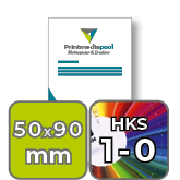 Visitenkarten hoch 5/0 farbig 50 x 90 mm <br>einseitig bedruckt (CMYK 4-farbig + 1 HKS-Sonderfarbe)