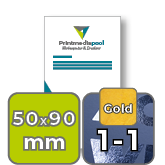 Visitenkarten hoch 5/0 farbig 50 x 90 mm mit beidseitig partieller UV-Lackierung <br>einseitig bedruckt (CMYK 4-farbig + 1 Gold-Sonderfarbe)