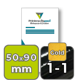 Visitenkarten hoch 5/0 farbig 50 x 90 mm mit beidseitig vollflächiger UV-Lackierung <br>einseitig bedruckt (CMYK 4-farbig + 1 Gold-Sonderfarbe)