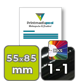 Visitenkarten hoch 5/0 farbig 55 x 85 mm mit beidseitig vollflächiger UV-Lackierung <br>einseitig bedruckt (CMYK 4-farbig + 1 HKS-Sonderfarbe)