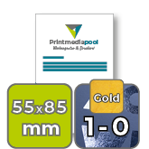Visitenkarten hoch 5/0 farbig 55 x 85 mm mit einseitigem partiellem UV-Lack <br>einseitig bedruckt (CMYK 4-farbig + 1 Gold-Sonderfarbe)