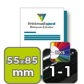Visitenkarten hoch 5/5 farbig 55 x 85 mm mit beidseitig vollflächiger UV-Lackierung <br>beidseitig bedruckt (CMYK 4-farbig + 1 HKS-Sonderfarbe)