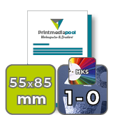 Visitenkarten hoch 5/5 farbig 55 x 85 mm mit einseitigem partiellem UV-Lack <br>beidseitig bedruckt (CMYK 4-farbig + 1 HKS-Sonderfarbe)