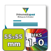 Visitenkarten quadratisch 5/0 farbig 55 x 55 mm <br>einseitig bedruckt (CMYK 4-farbig + 1 HKS-Sonderfarbe)