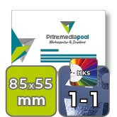 Visitenkarten quer 5/0 farbig 85 x 55 mm mit beidseitig partieller UV-Lackierung <br>einseitig bedruckt (CMYK 4-farbig + 1 HKS-Sonderfarbe)