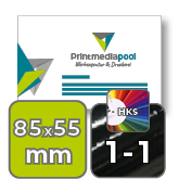 Visitenkarten quer 5/0 farbig 85 x 55 mm mit beidseitig vollflächiger UV-Lackierung <br>einseitig bedruckt (CMYK 4-farbig + 1 HKS-Sonderfarbe)