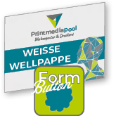 Weiße Wellpappe in Button-Form konturgefräst <br>einseitig 4/0-farbig bedruckt