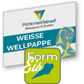 Weiße Wellpappe in Eis-Form konturgefräst <br>einseitig 4/0-farbig bedruckt