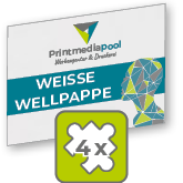 Weiße Wellpappe in Frei-Form (max. 4 Konturfräsungen möglich) <br>einseitig 4/0-farbig bedruckt