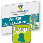 Weiße Wellpappe in Glocke-Form konturgefräst <br>einseitig 4/0-farbig bedruckt